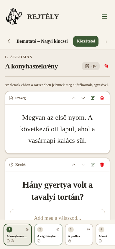 A Rejtély szerkesztő telefonon: állomás neve, szöveges nyom és kérdés elem